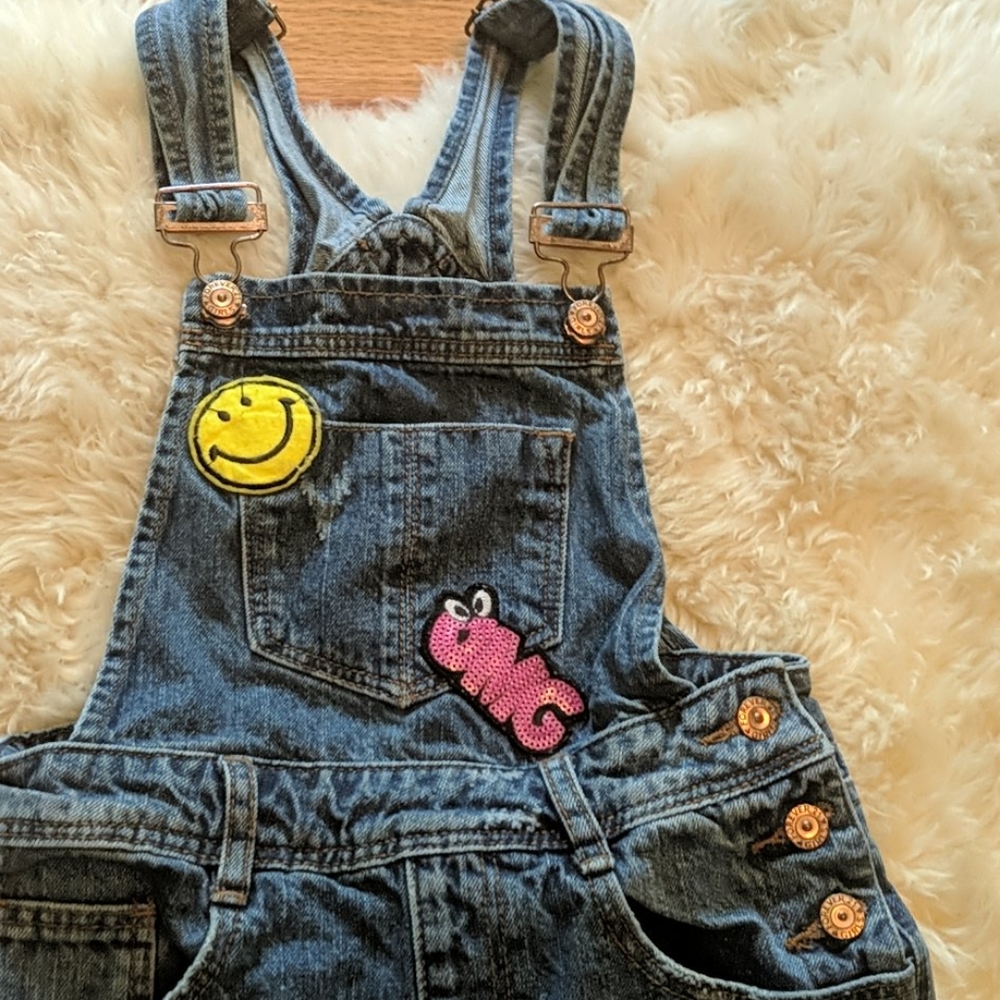 Embellished distressed girls overalls